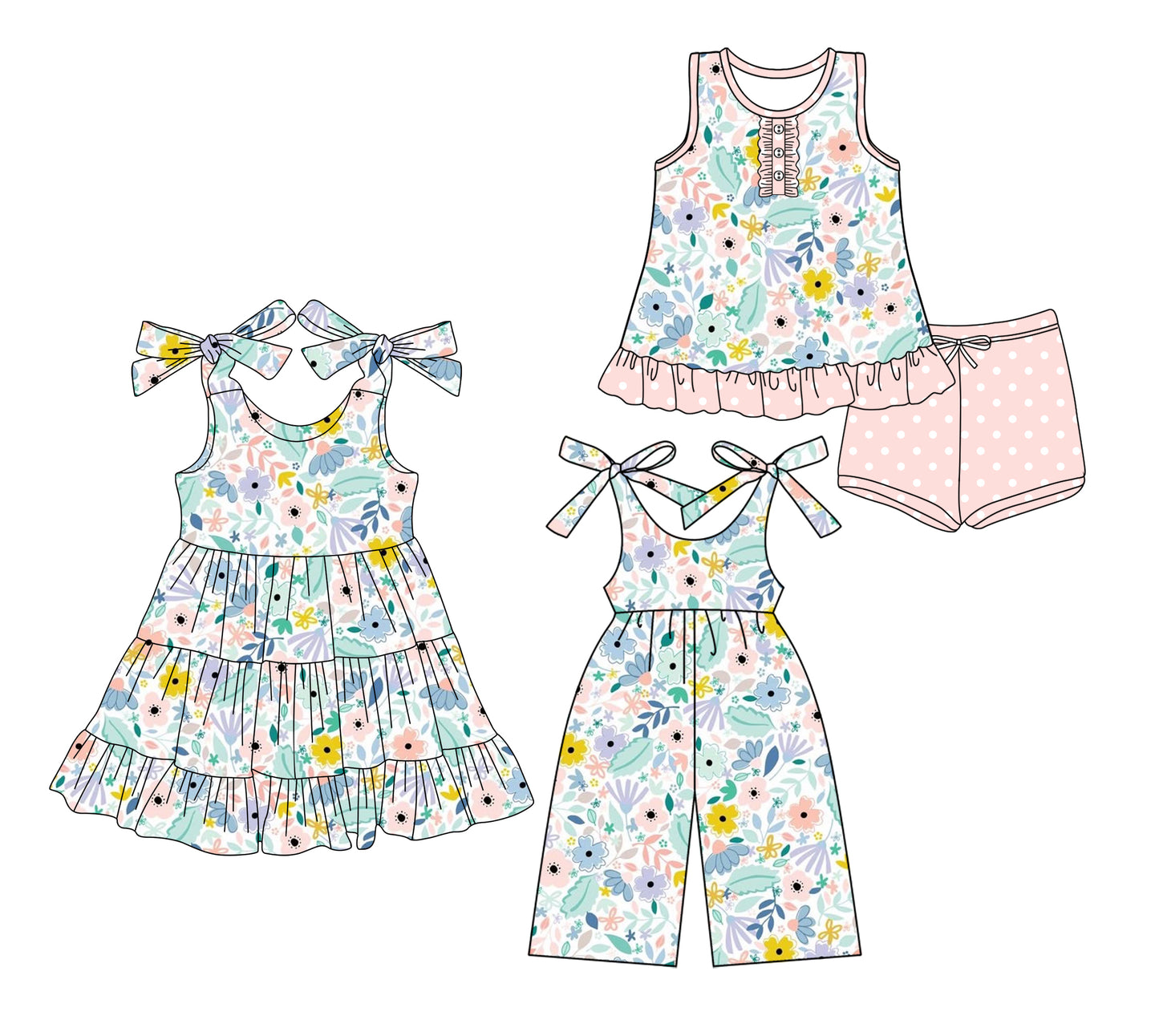 Preorder moq 5 Custom Baby Girls Colorful Floral Leaves Button Tunic Peach Polka Dots Short Set Knee Length Dress Jumpsuits