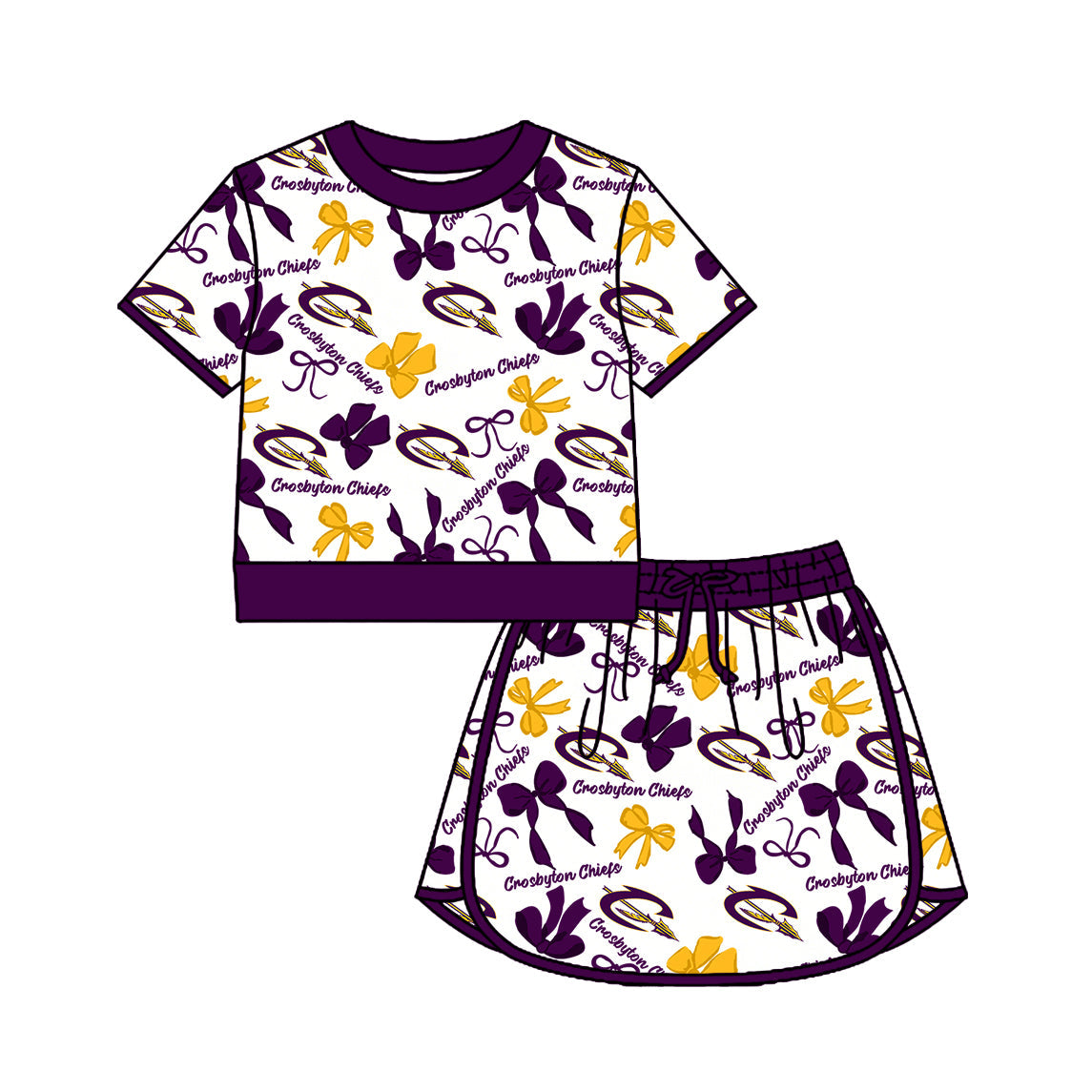 Preorder (moq 5)Baby Girls Bows Crosbyton Chiefs Top Skirt Short Team Clothes Set