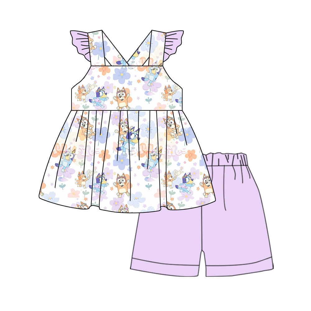 Baby Girls Lavender Dogs Flowers Tunic Top Shorts Clothes Sets preorder (moq 5)