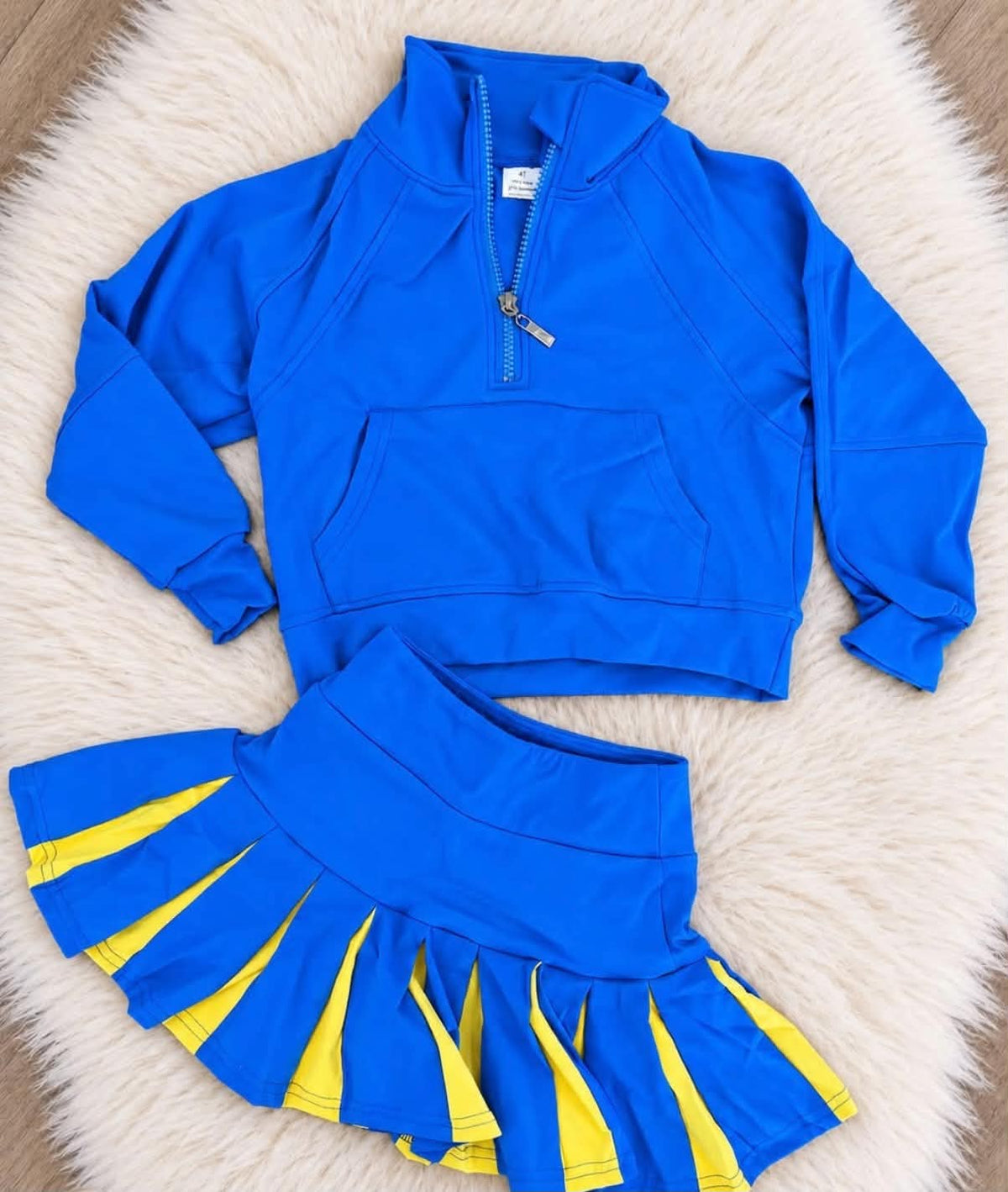 Preorder (moq 5) Baby Girls Blue Zip Pockets Pullovers Yellow Pleated Skirt Short Clothes Sets