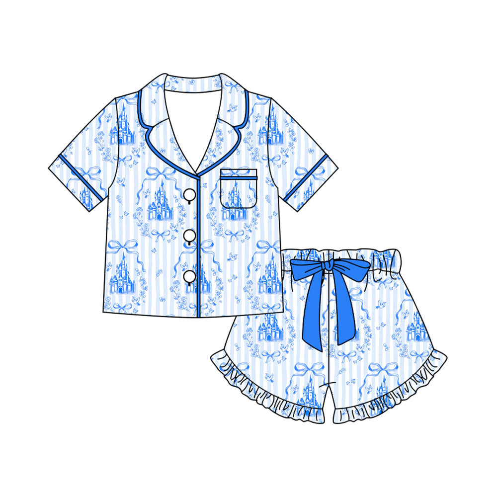 Preorder (moq 5)Baby Girls Blue Stripe Bows Castles Button Pocket Top Shorts Pajamas Sets