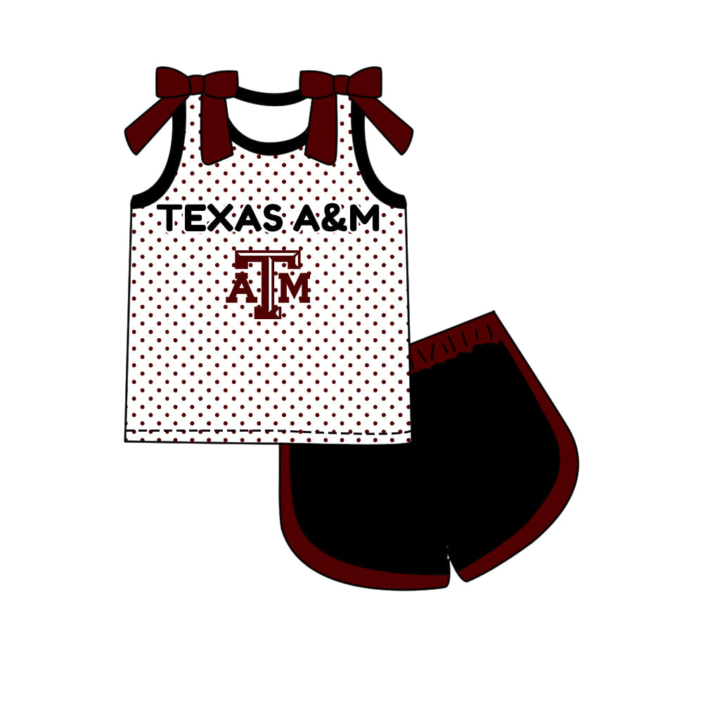 Preorder (moq 5)Baby Girls Bows Texas A&M Polka Dots Top Short Team Clothes Set