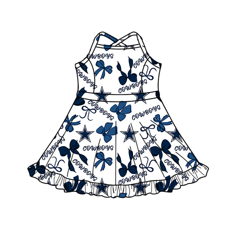 Preorder (moq 5)Baby Girls Strap Bows Cowboys Team Shorts Ruffle Knee Length Dress