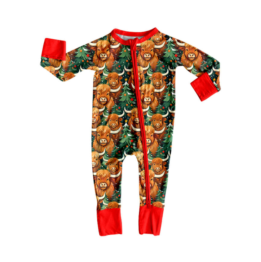 Preorder (moq 20)Baby Boys Bamboo Highland Cows Trees Christmas Zippy Footie Rompers