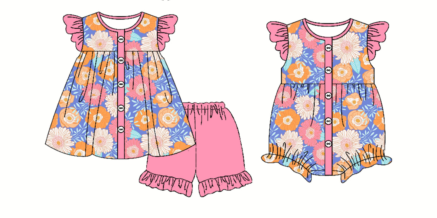 Preorder moq 5 Custom Baby Girls Flutter Sleeves Button Flowers Tunic Ruffle Short Set Rompers