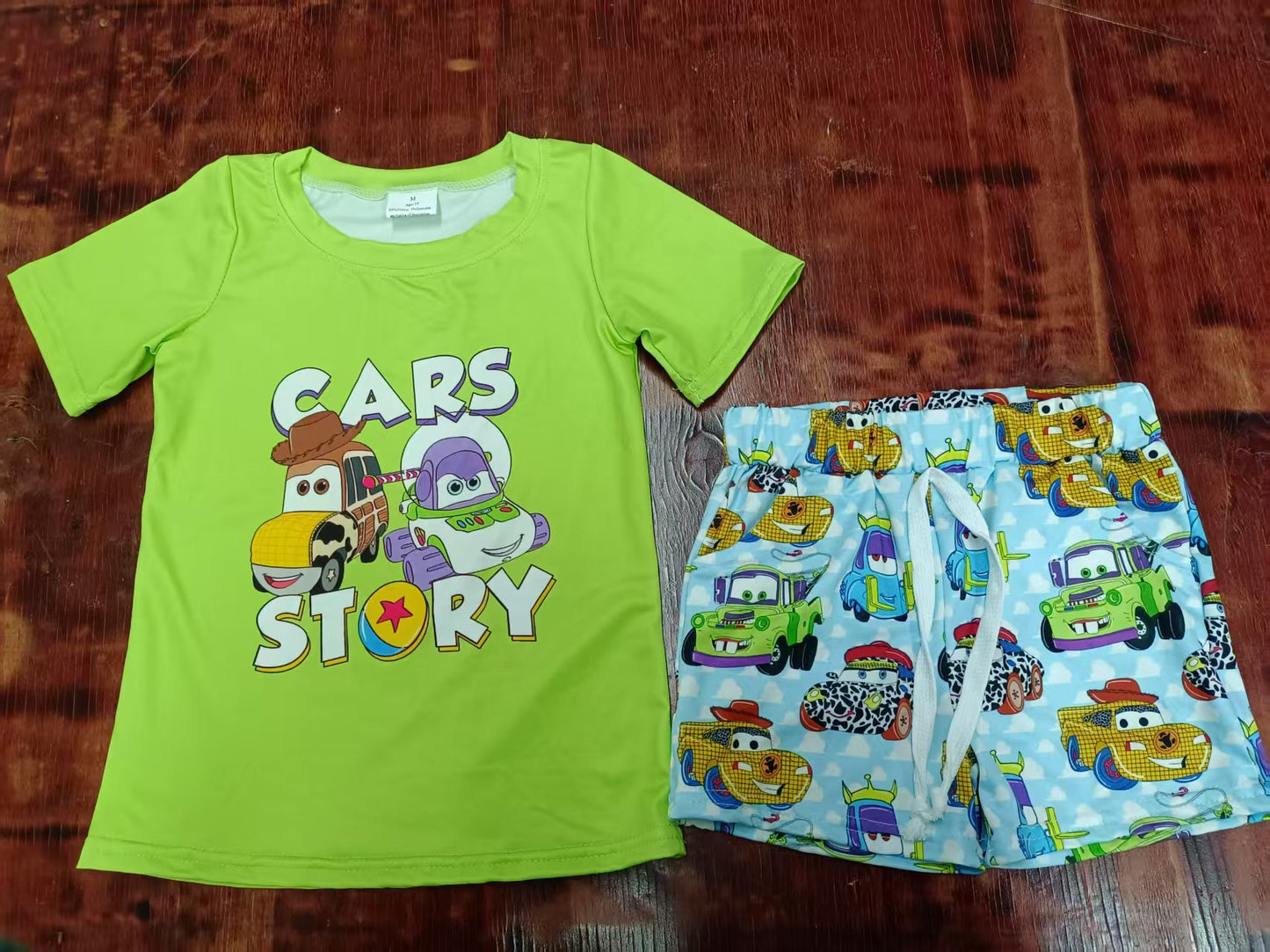 Preorder moq 5 Baby Boys Green Short Sleeves Cartoon Cars Top Shorts Set