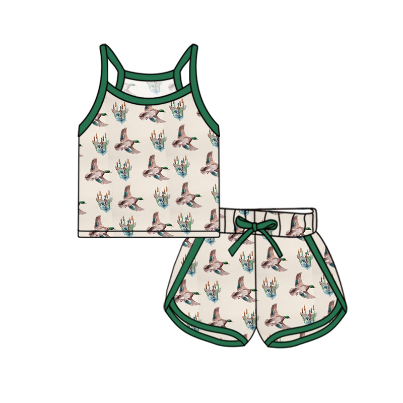 Preorder (moq 5)Baby Girls Green Strap Ducks Top Short Sport Clothes Sets