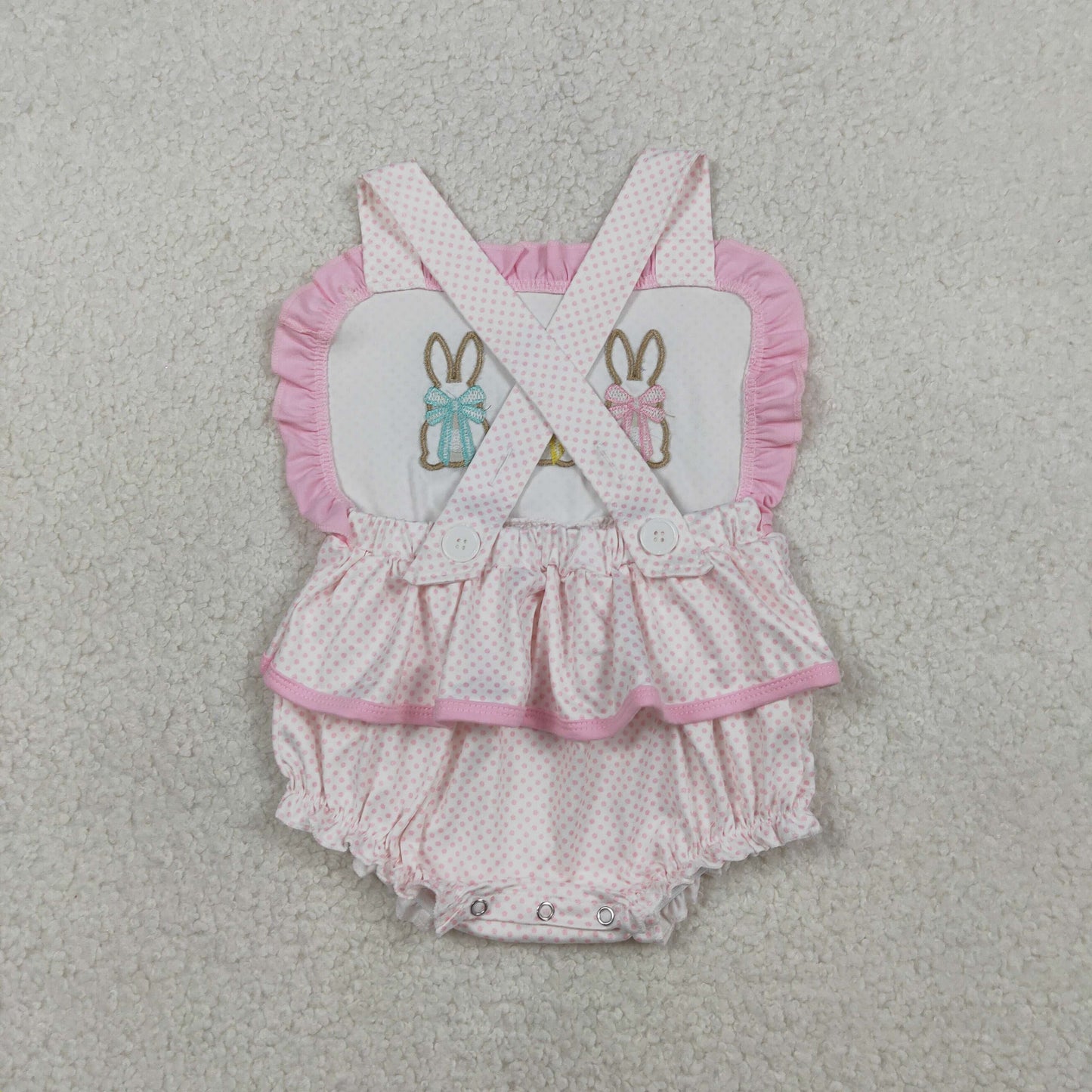 Embroidery Rabbits Baby Girls Strap Polka Dots Easter Ruffle Rompers