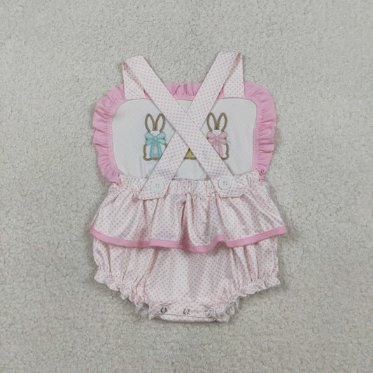 Embroidery Rabbits Baby Girls Strap Polka Dots Easter Ruffle Rompers