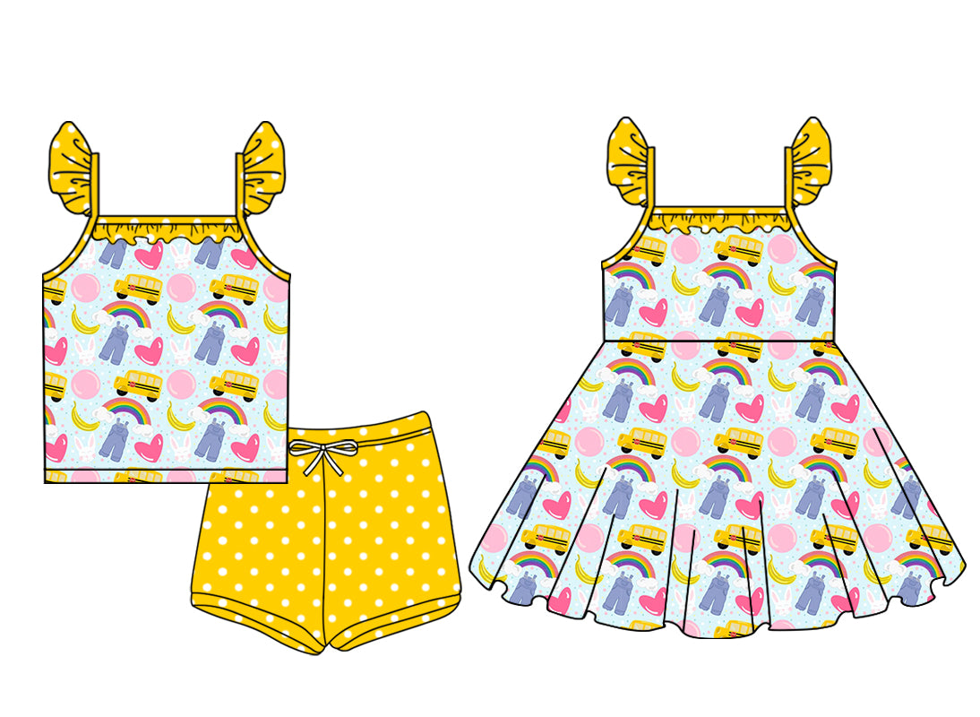 Preorder moq 5 Custom Baby Girls Yellow Flutter Sleeves Hearts Rainbows Top Polka Dots Short Set Knee Length Dresses