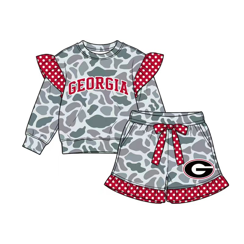 Preorder (moq 5) Baby Girl Clothes Georgia G Logo Camo Polka Dot Ruffle Print Long Sleeve Top Short Set
