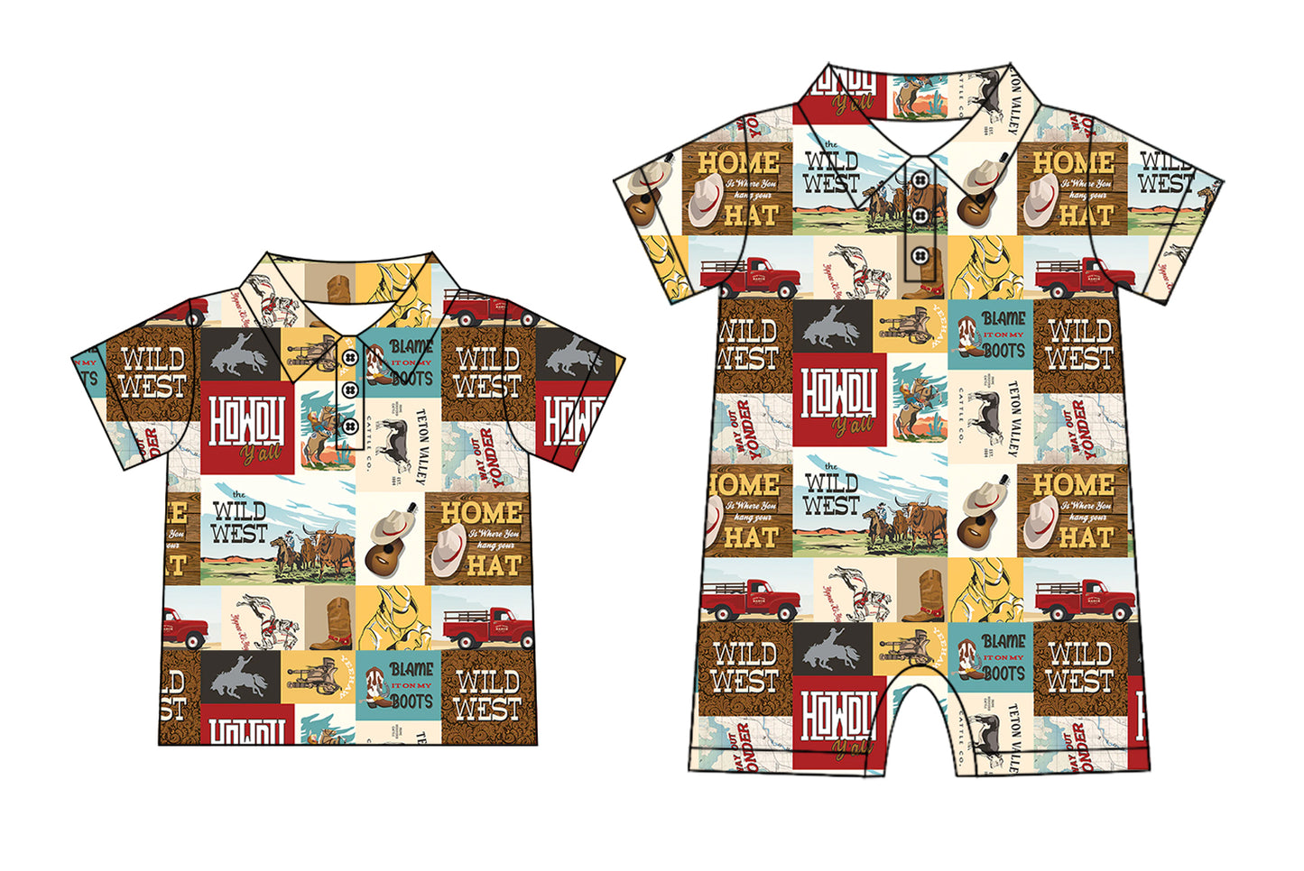 Preorder moq 5 Custom Baby Boys Short Sleeves Button Wild West Cows Polo Shirts Top Rompers