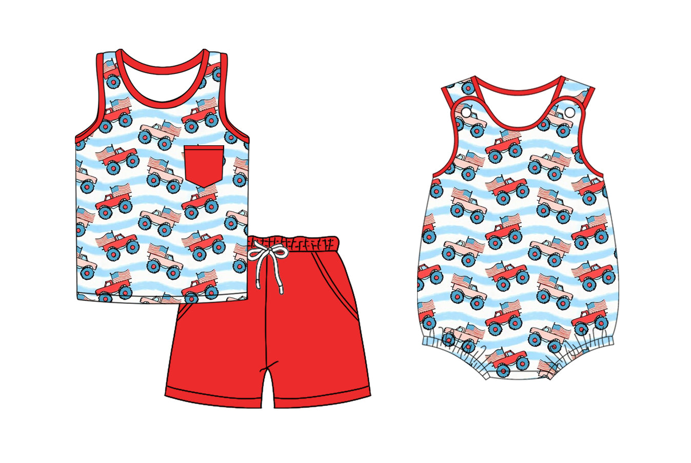 Preorder moq 5 Custom Baby Boys Red Sleeveless Flags Trucks Top Pockets Short 4th Of July Set Rompers