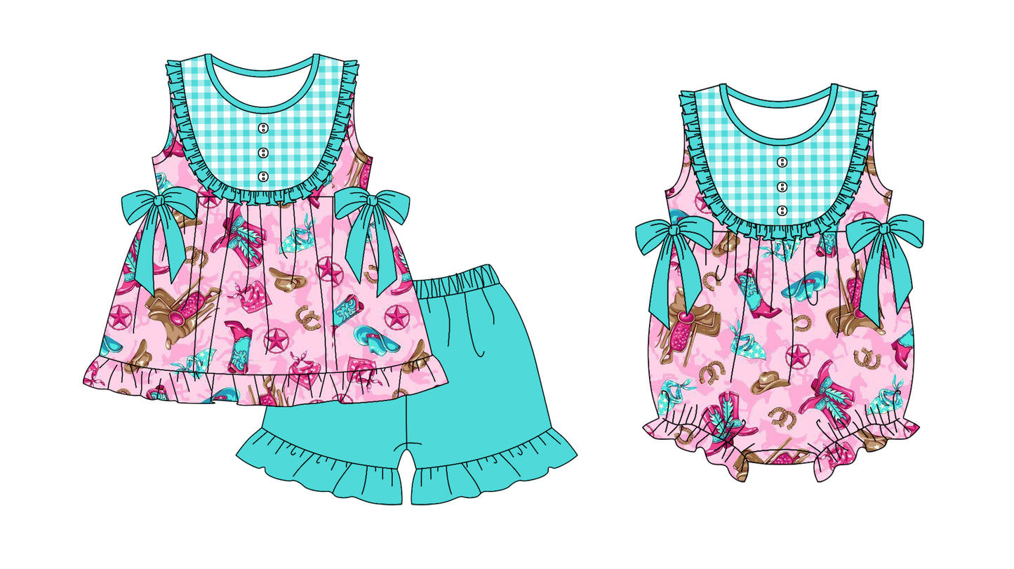 Preorder(moq 5 each)Sibling Baby Girls Western Boots Tunic Top Shorts Bows Rompers Clothes Sets