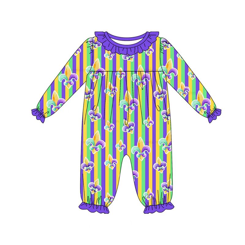Preorder(moq 8)Baby Girls Mardigras Anchors Stripes Ruffle Collar Footie Rompers