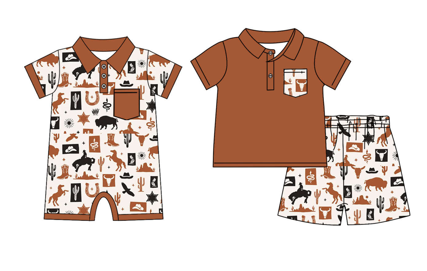 Preorder moq 5 Custom Baby Boys Brown Short Sleeves Cactus Horse Rodeo Button Pocket Top Short Set Romper