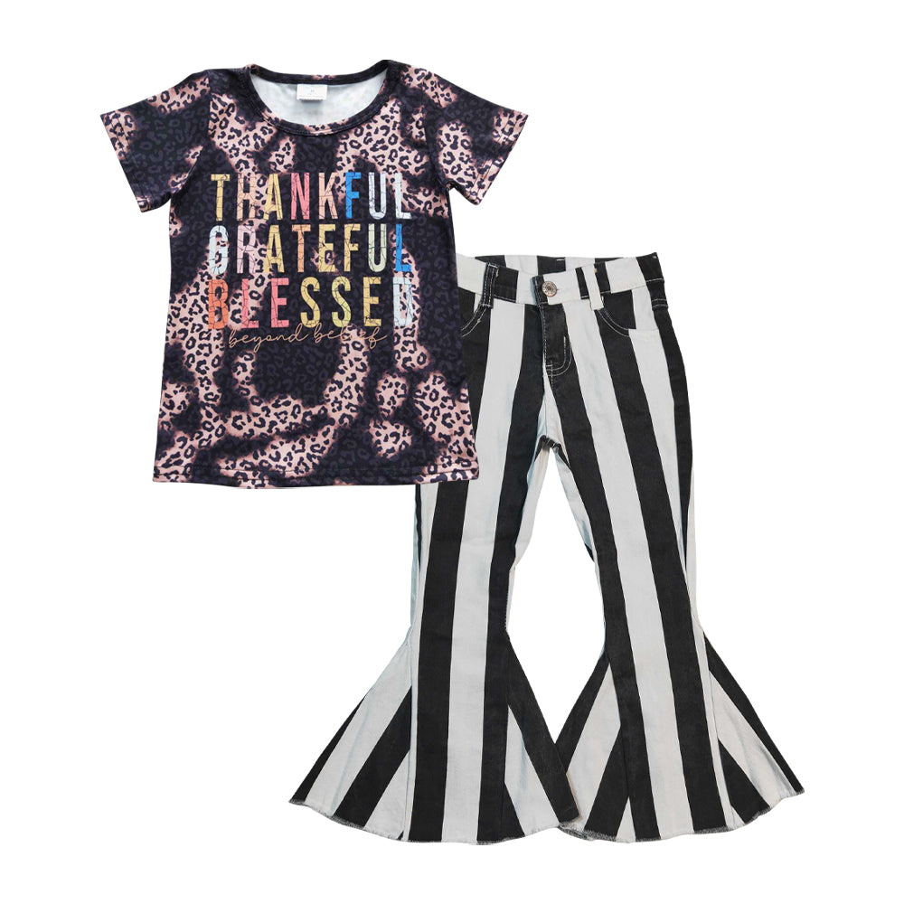 Baby Girls Thankful Black Stripes Bell Denim Pants Clothes Sets