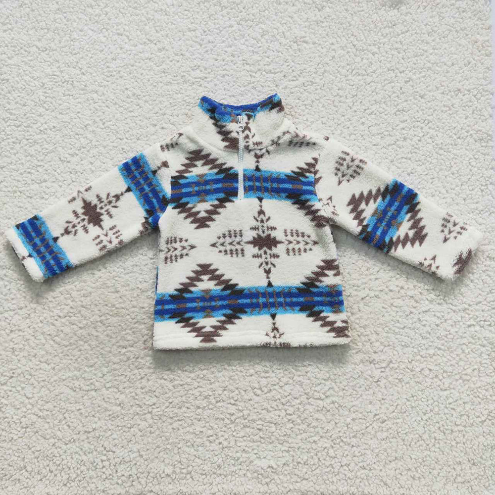 Baby Kids Children Blue Aztec Western Thick Zip Pullovers Tops