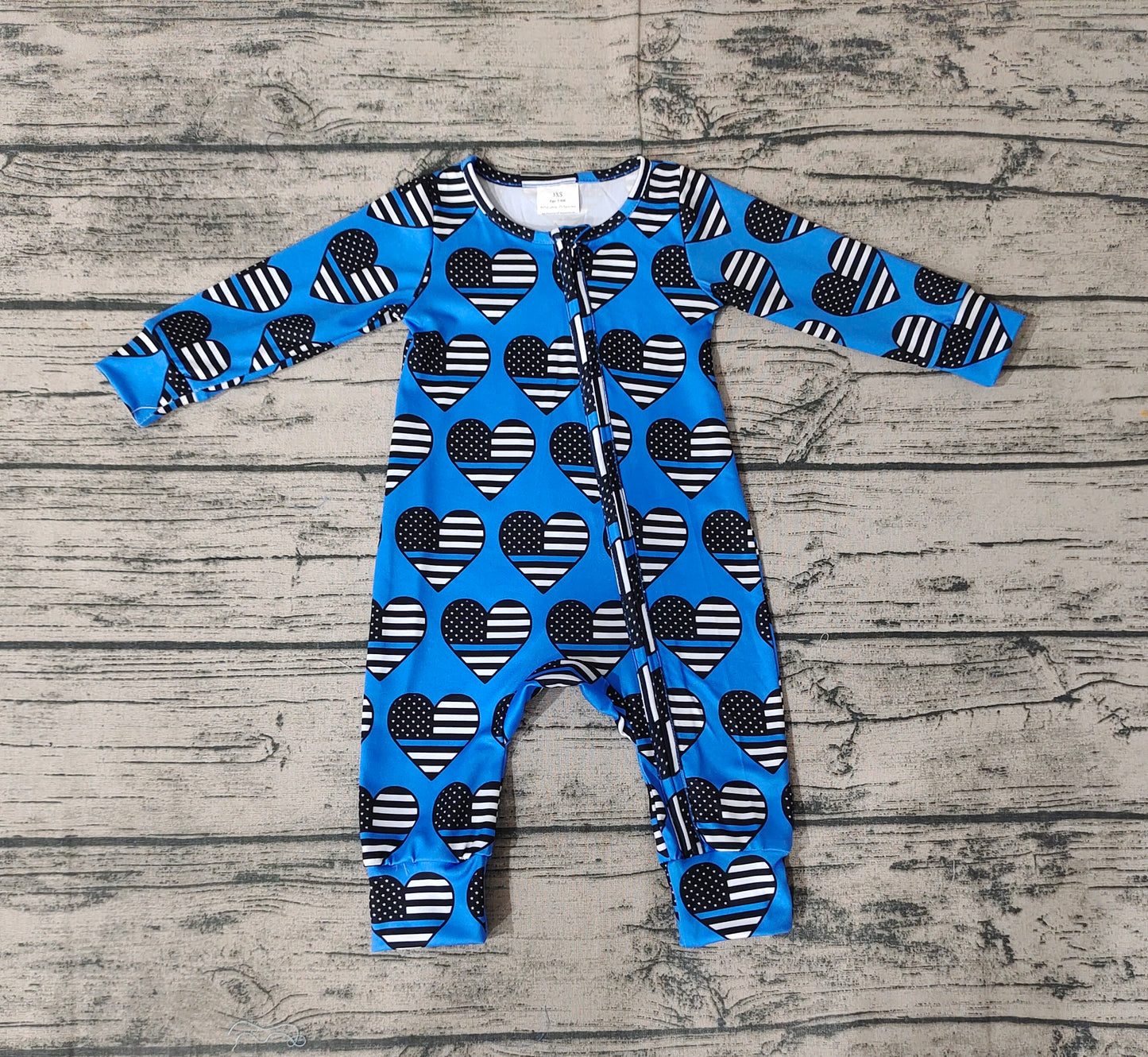 Baby Infant Boys Flag Hearts Blue Long Sleeve Zip Rompers