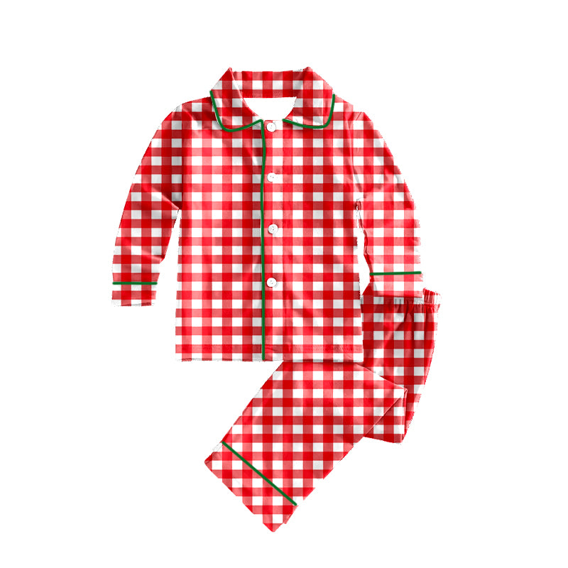 Preorder (moq 5)Baby Kids Christmas Red Checkered Button Top Pant Pajamas Sets