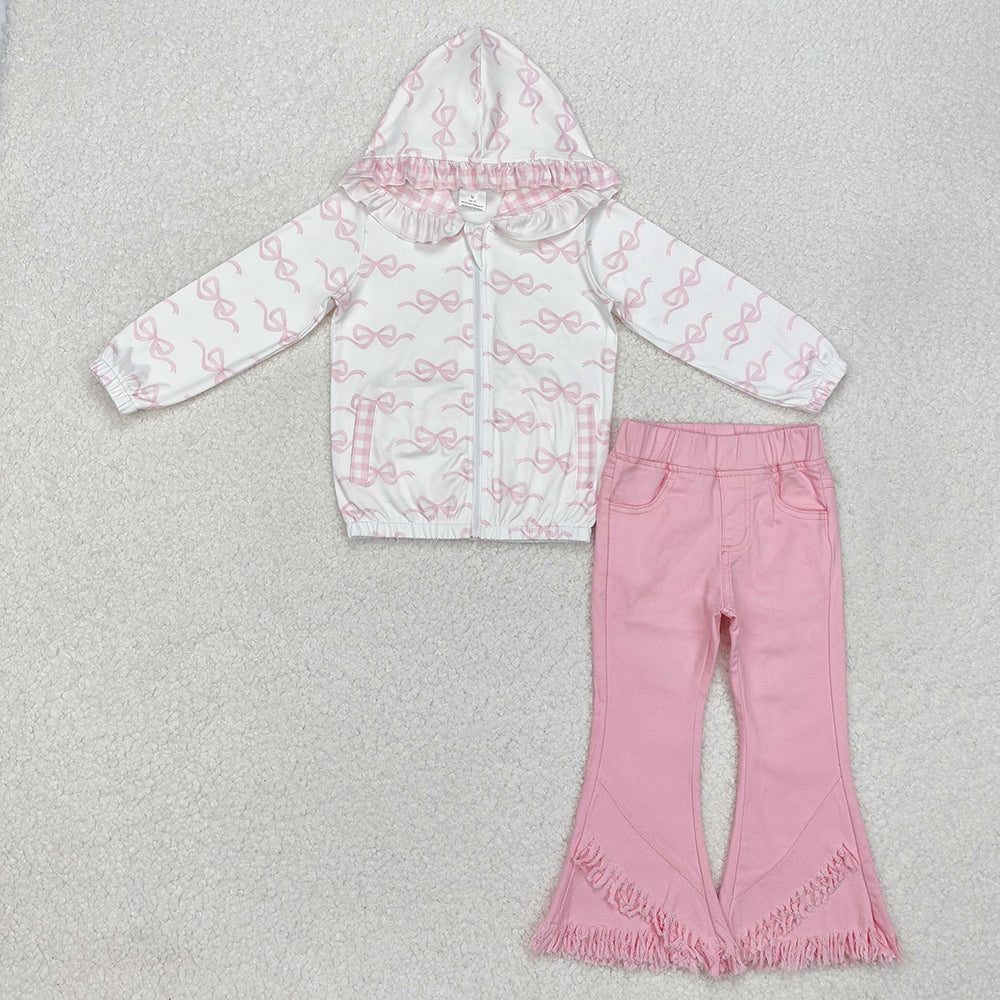 Baby Girls Spring Bows Pink Hooded Zip Pullovers Top Denim Jeans Clothes Sets