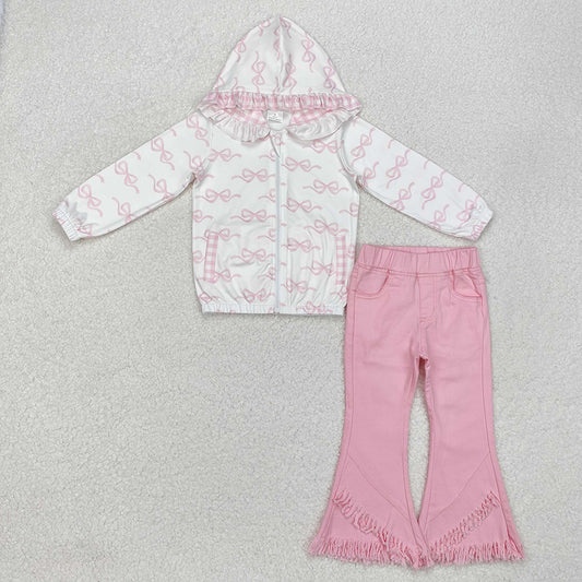 Baby Girls Spring Bows Pink Hooded Zip Pullovers Top Denim Jeans Clothes Sets