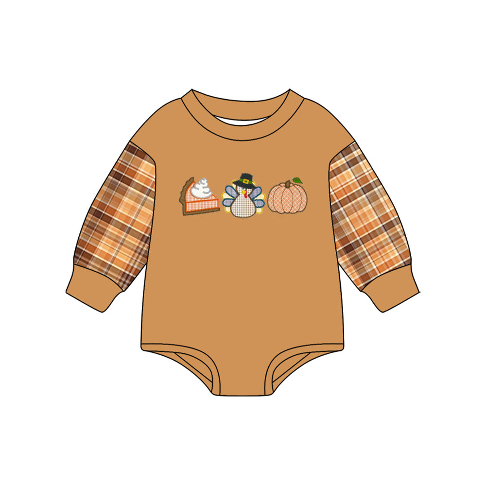 Preorder (moq 5)Baby Boys Brown Long Sleeves Pumpkins Turkey Pie Rompers