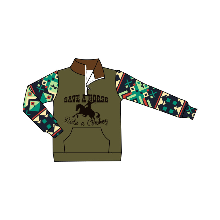 Preorder (moq 5)Baby Boys Western Cowboy Horse Cactus Zip Pocket Pullovers Tee Shirts