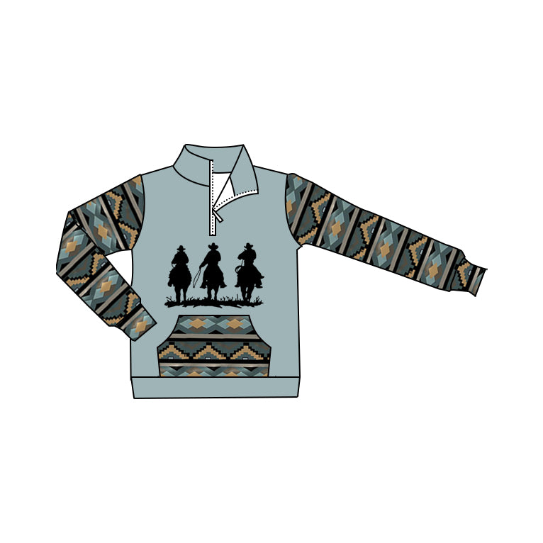 Preorder (moq 5)Baby Boys Western Cowboy Horse Aztec Zip Pocket Pullovers Tee Shirts