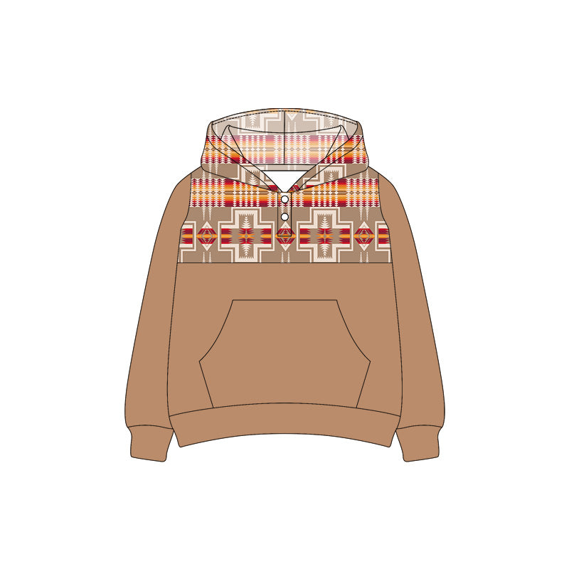 Preorder (moq 5)Baby Boys Western Khaki Aztec Hooded Pullovers Tee Shirts