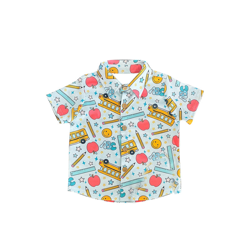 Preorder moq 5 Baby Boys Short Sleeves Back To School Bus Pocket Button Shirts Tops