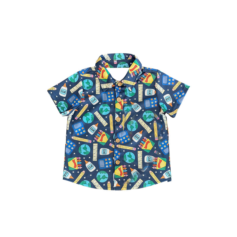 Preorder moq 5 Baby Boys Short Sleeves Back To School Crayons Pocket Button Shirts Tops
