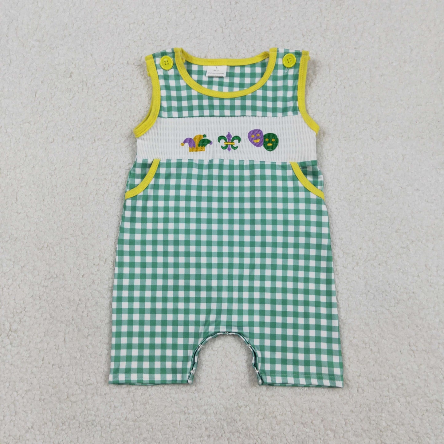 Smocked Anchors Masks Baby Boys Green Checked Pockets Mardigras Rompers