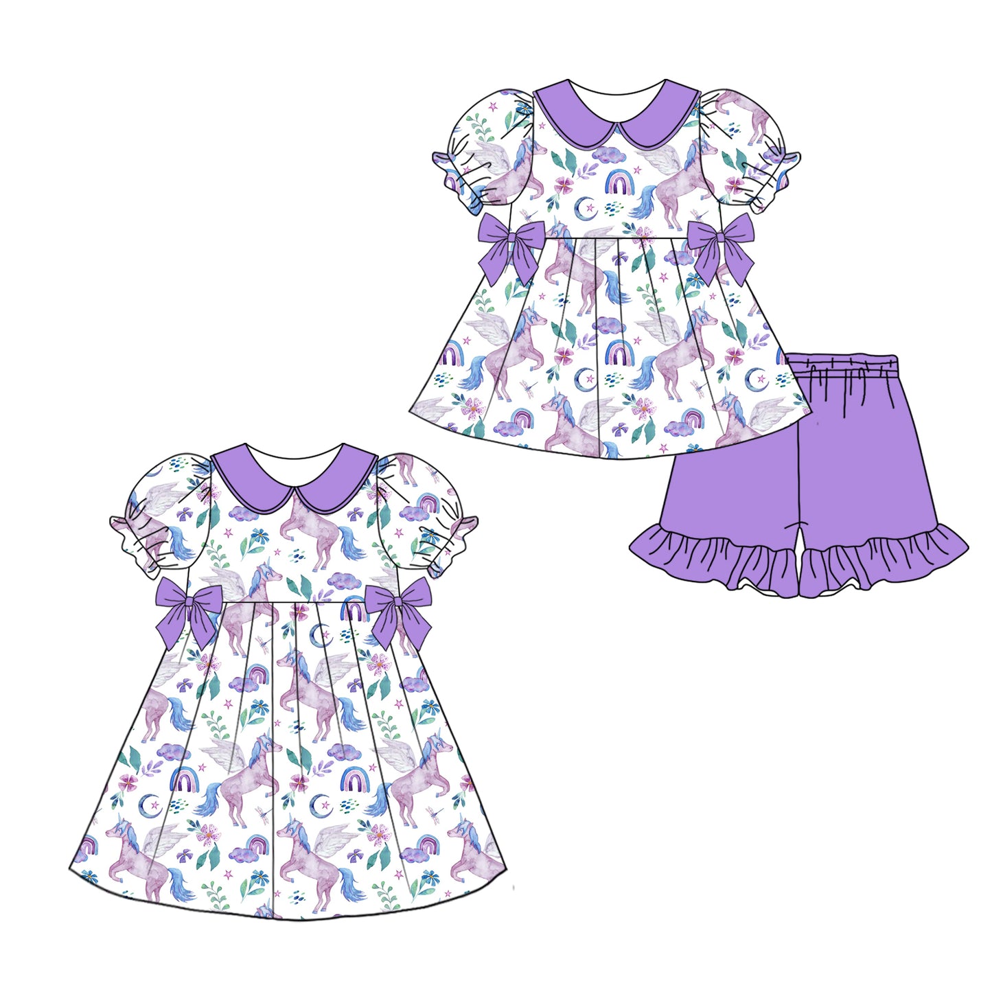 Preorder moq 5 Custom Baby Girls Purple Horse Floral Tunic Ruffle Short Set Knee Length Dress