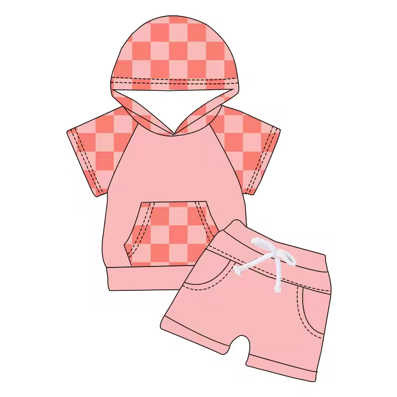 Baby Girls Pink Checkered Hooded Top Shorts Clothes Sets preorder (moq 5)