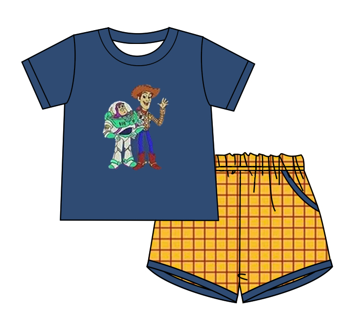 Preorder (moq 5)Baby Boys Cartoon Shirts Top Checked Pockets Short Clothes Sets