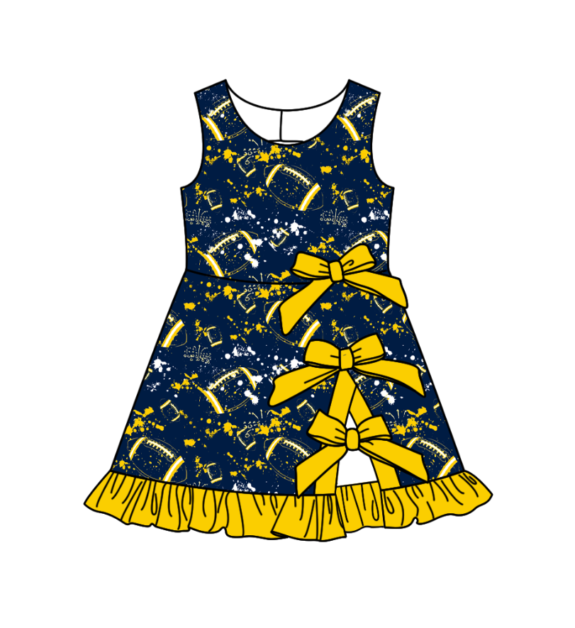 Preorder (moq 5)Baby Girls Tie-dye Footballs Print Team Bows Shorts Knee Length Dress