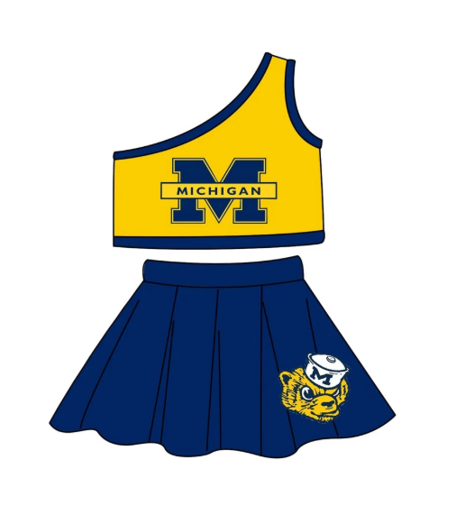 Split Preorder July 24th Baby Girls One Shoulder Sleeves Michigan Vest Top Skorts Team Set