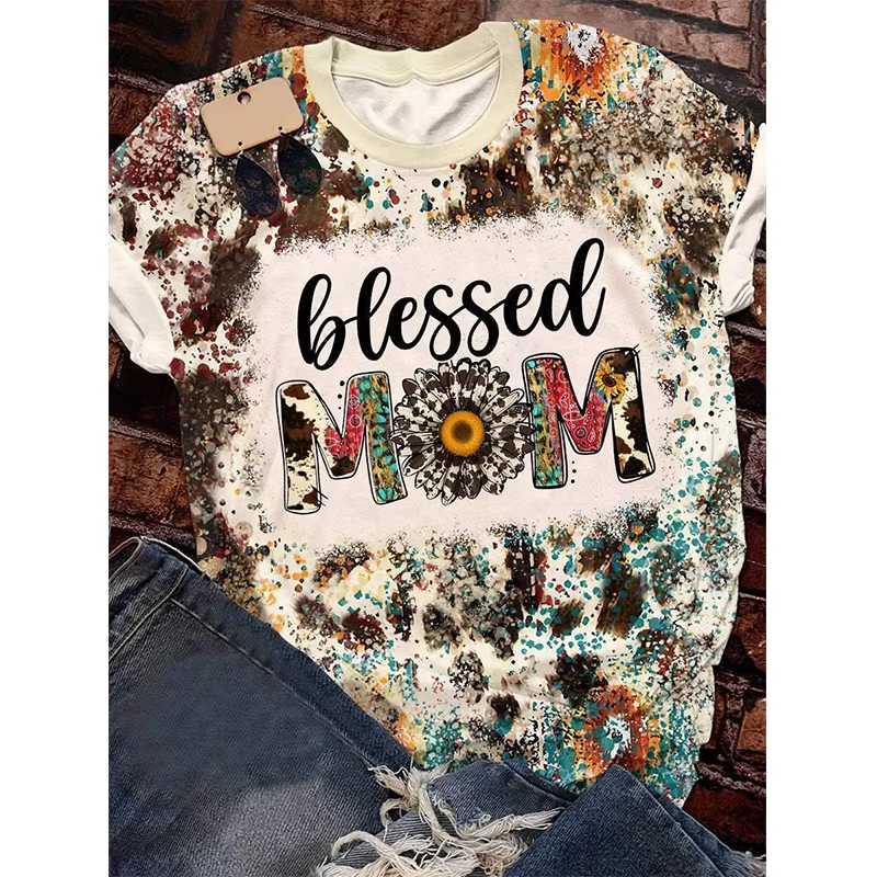 Preorder moq 5 Adult Women Western Blessed Mom Cowhide Bleached Tee Shirts Tops