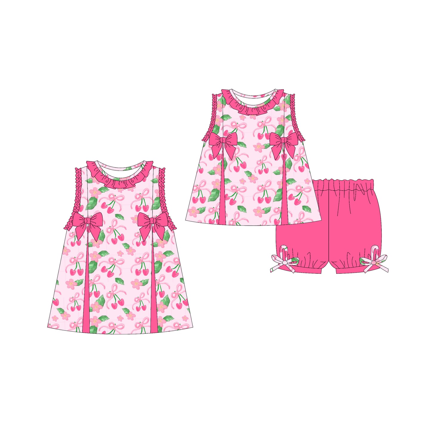 Preorder moq 5 Custom Baby Girls Sleeveless Pink Bows Flowers Tunic Ruffle Short Set Knee Length Dresses
