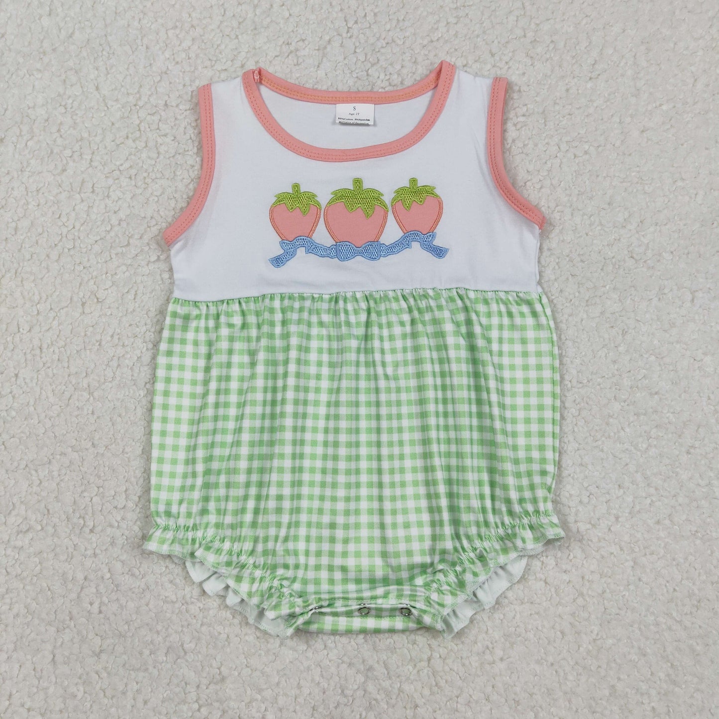 Embroidery Bows Strawberry Baby Girls Green Checked Ruffle Rompers