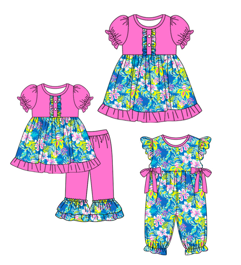 Preorder moq 5 Custom Baby Girls Hot Pink Short Ruffle Sleeves Button Watercolor Floral Tunic Ruffle Pant Set Knee Length Dress Rompers