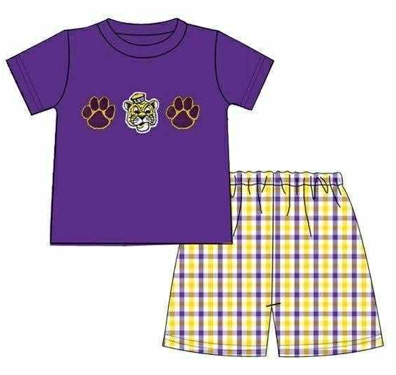 Preorder moq 5 Baby Boys Purple Pawls Top Checked Shorts Team Clothes Sets