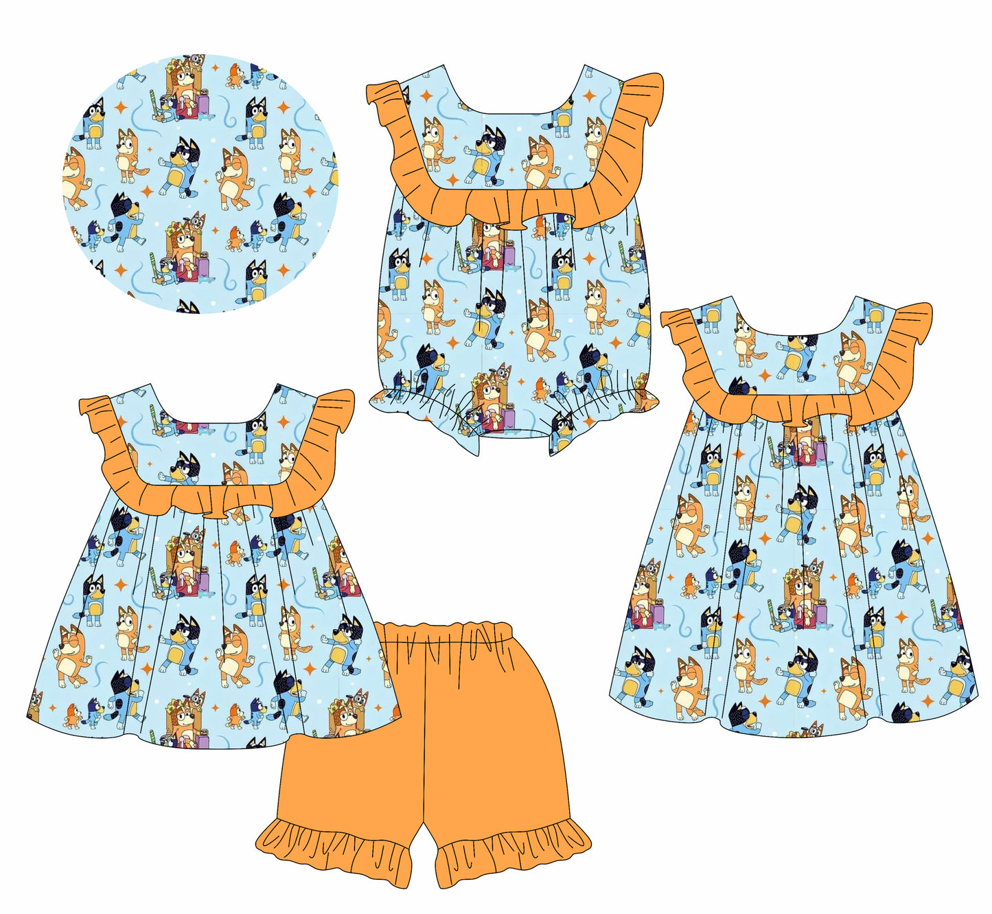 Preorder moq 5 Custom Baby Girls Sleeveless Cartoon Dogs Tunic Orange Ruffle Short Sets Knee Length Dress Rompers