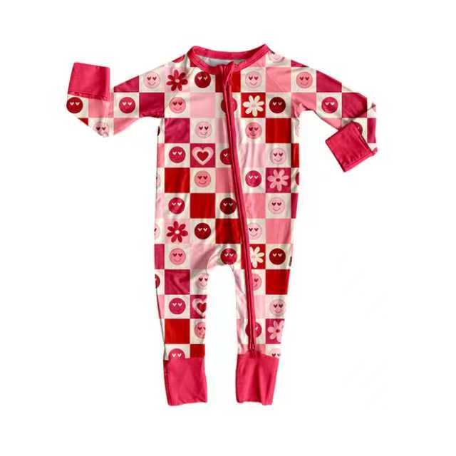 Preorder (moq 20)Baby Girls Bamboo Smiles Hearts Flowers Checked Valentine Zipper Footie Rompers