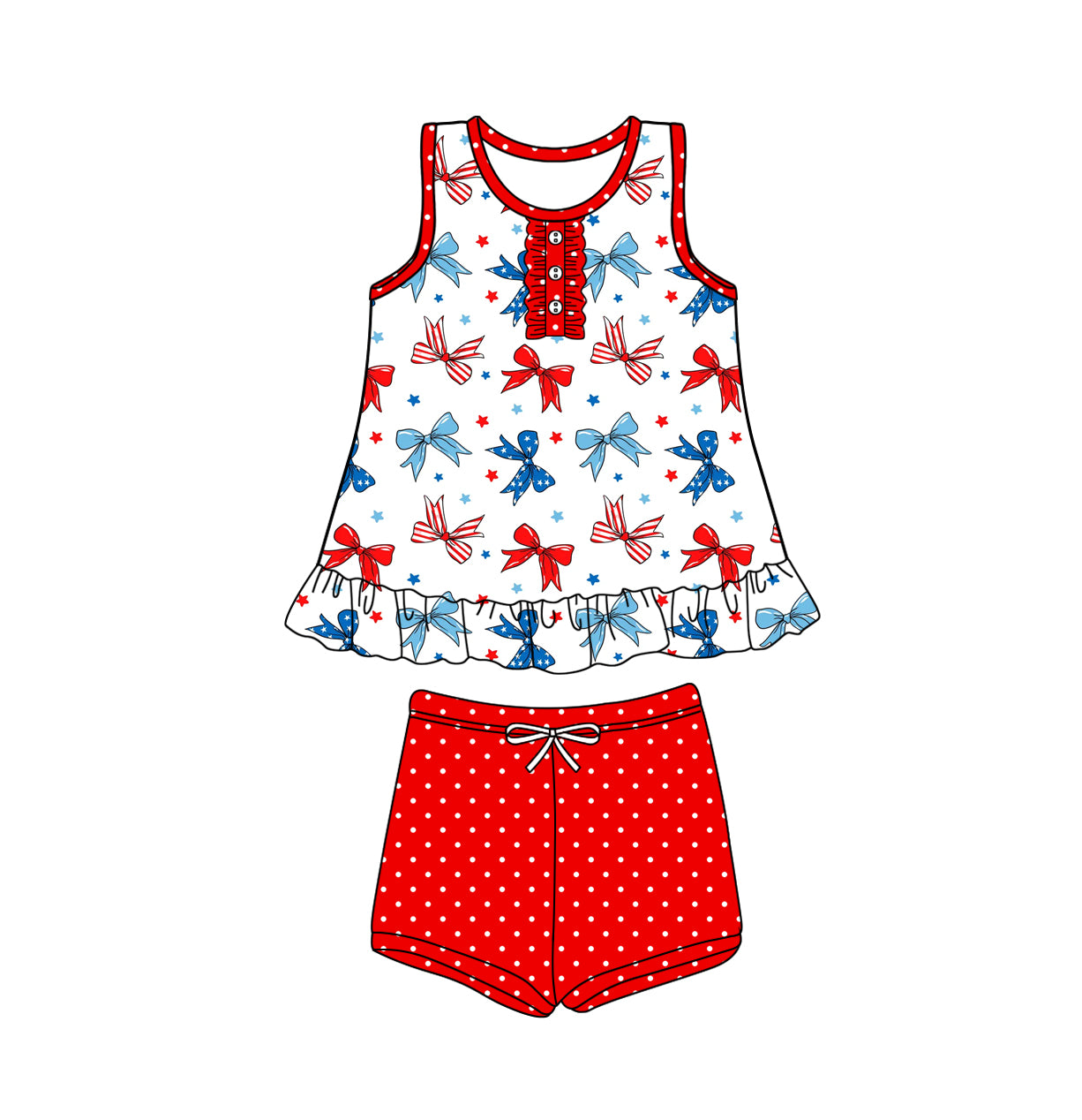 Preorder (moq 5)Baby Girls 4th Of July Bows Ruffle Tunic Shorts Clothes Sets