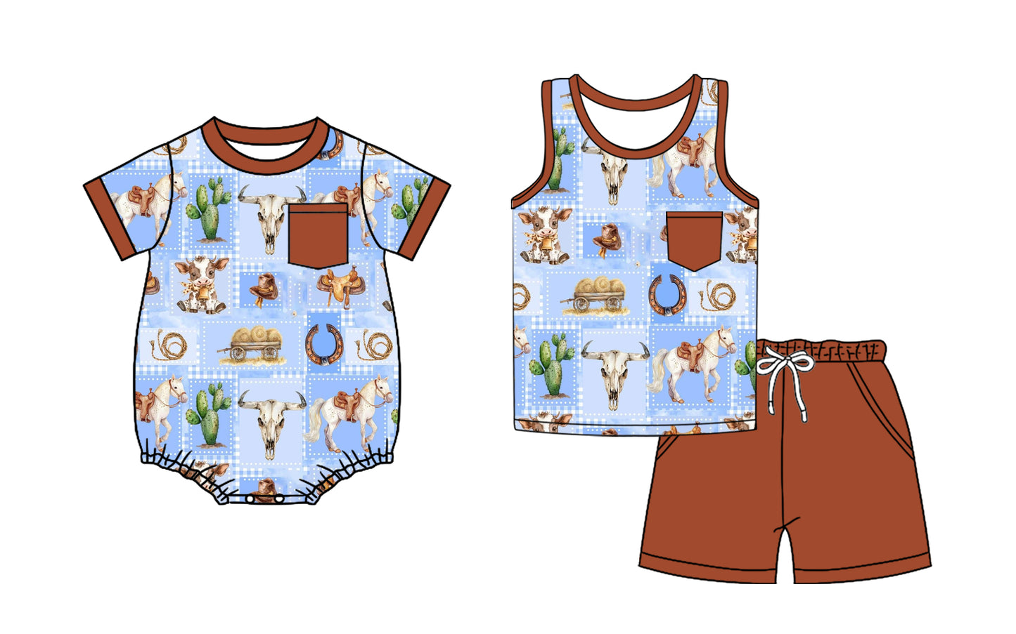 Preorder moq 5 Custom Baby Boys Brown Cactus Bull Skull Pocket Top Short Set Romper