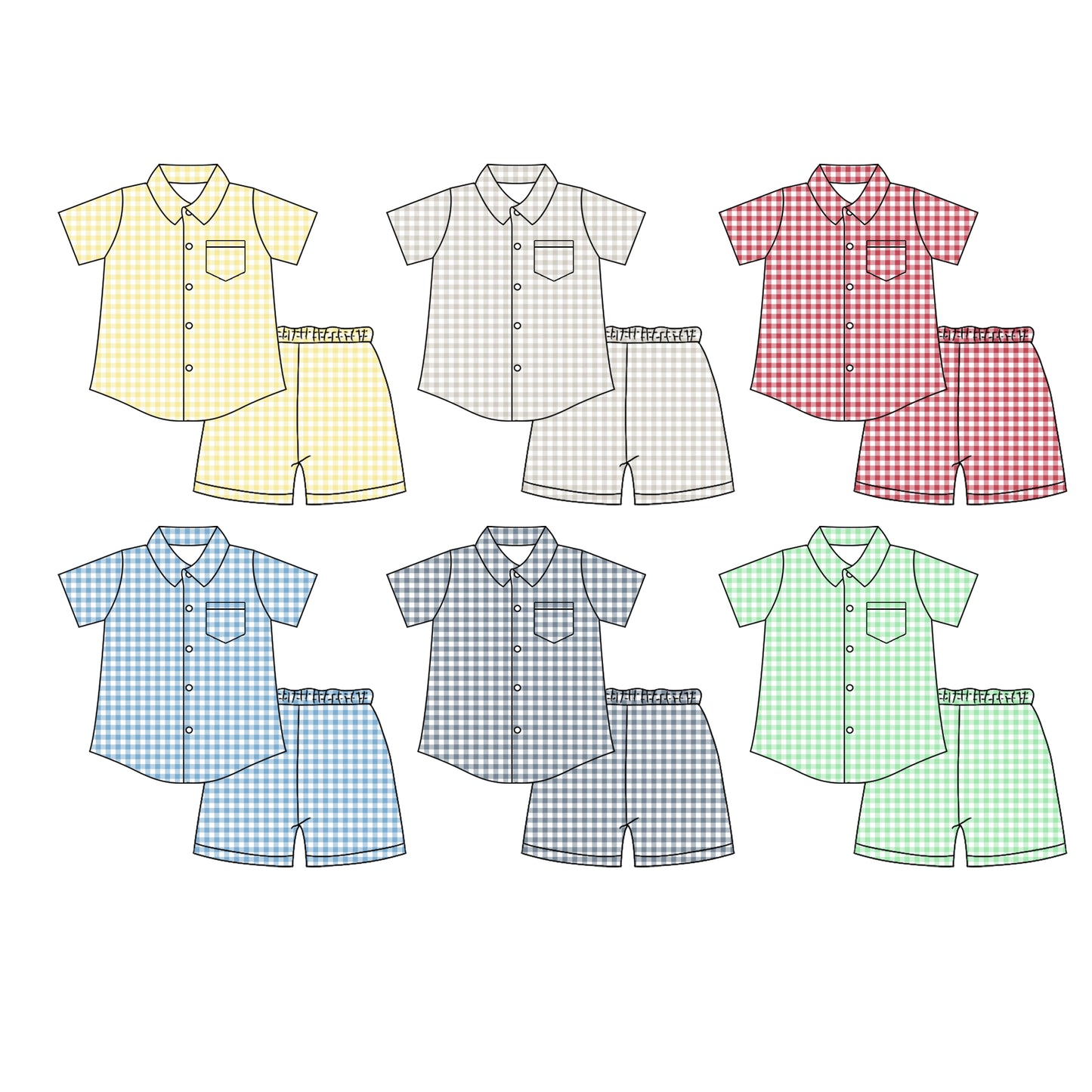 Preorder moq 5 (each item)Baby Girls Colorful Checked Pocket Button Top Short Clothes Sets