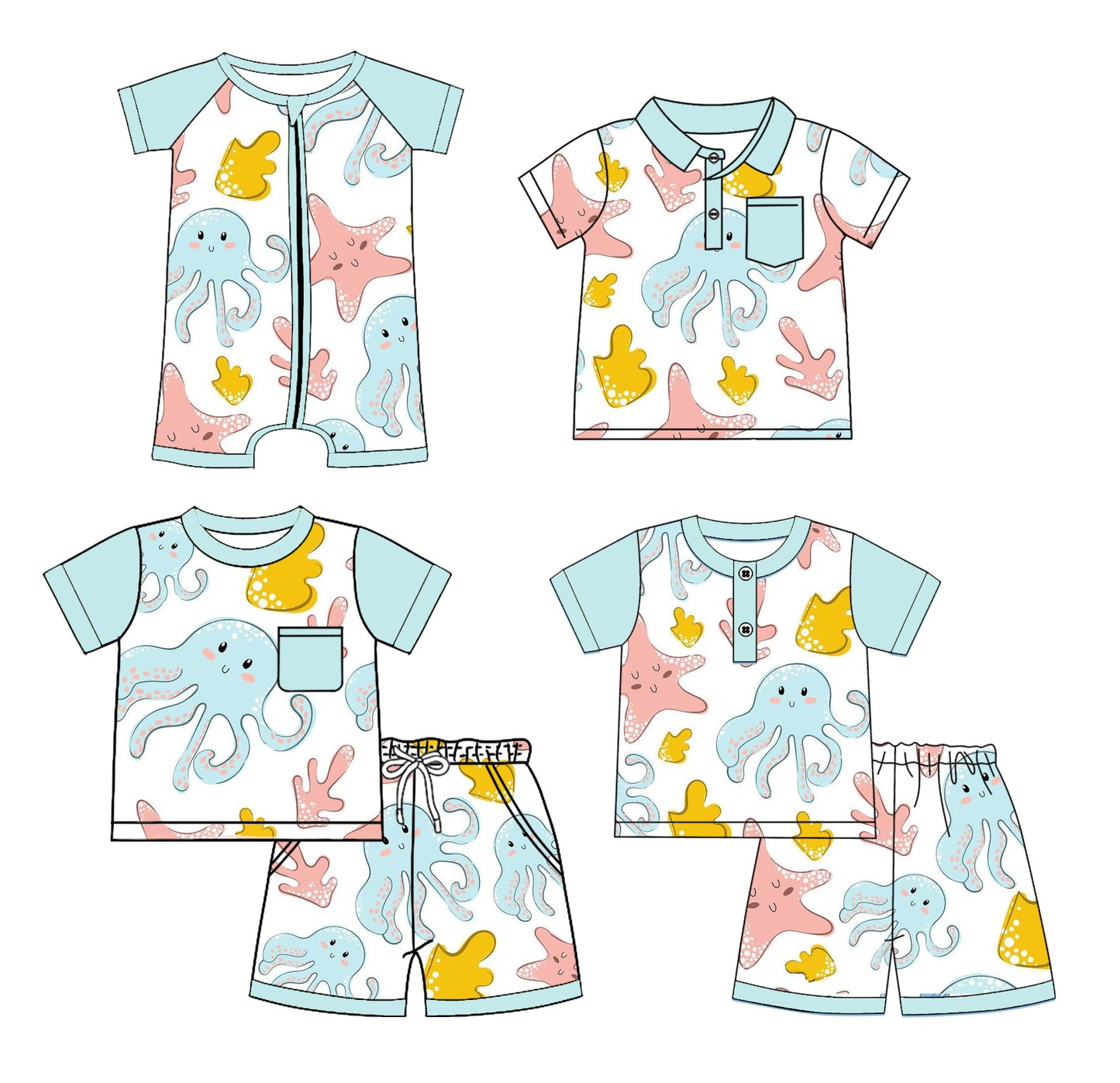 Preorder moq 5 Custom Baby Boys Light Blue Short Sleeves Sea World Top Short Pajamas Set Polo Shirts And Zipper Rompers