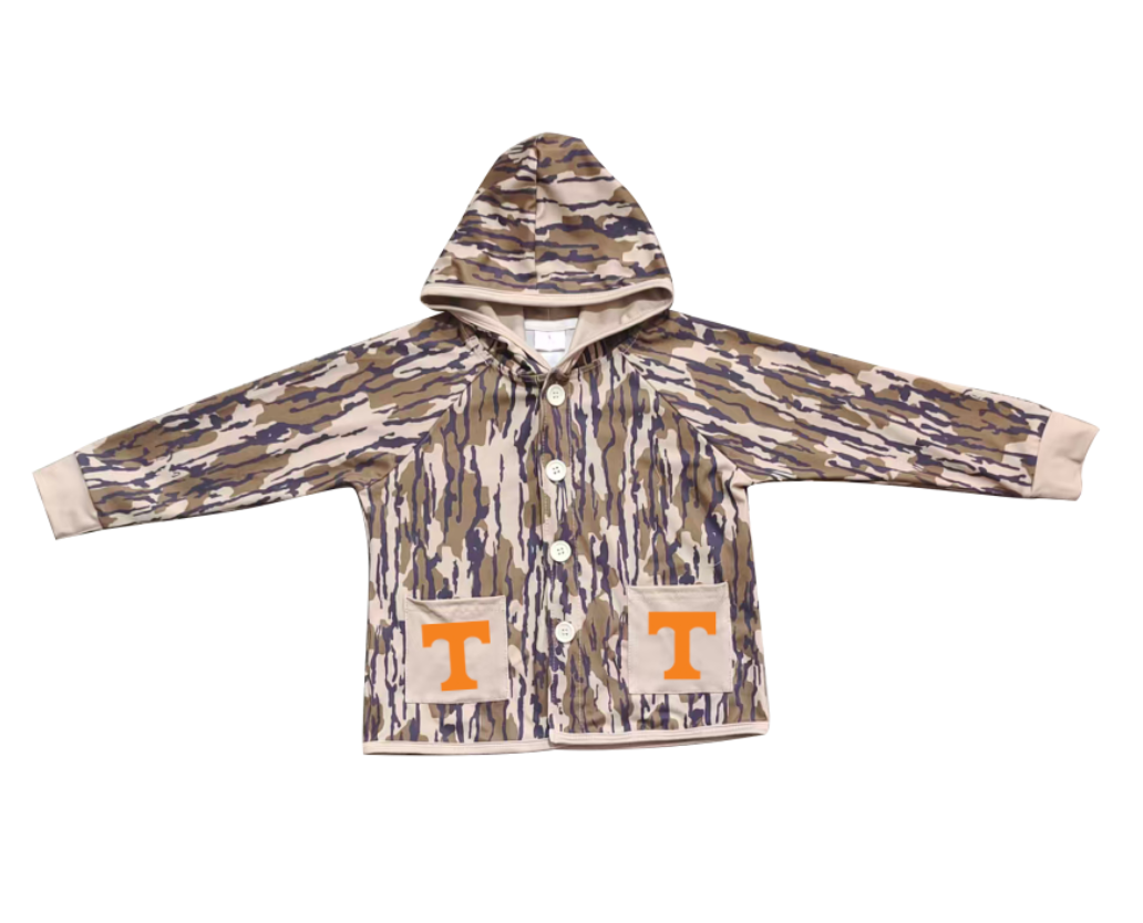 Preorder (moq 5)Baby Boys Olive Camo Orange T Pockets Team Button Hoodie Jackets Top